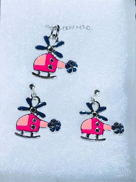Enameled Helicopter Necklace and Earrings Set