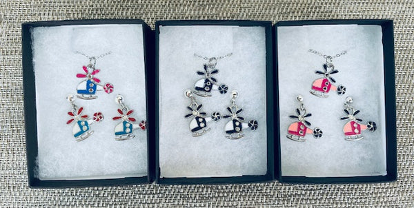 Enameled Helicopter Necklace and Earrings Set