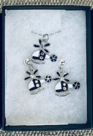 Enameled Helicopter Necklace and Earrings Set