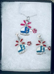 Enameled Helicopter Necklace and Earrings Set